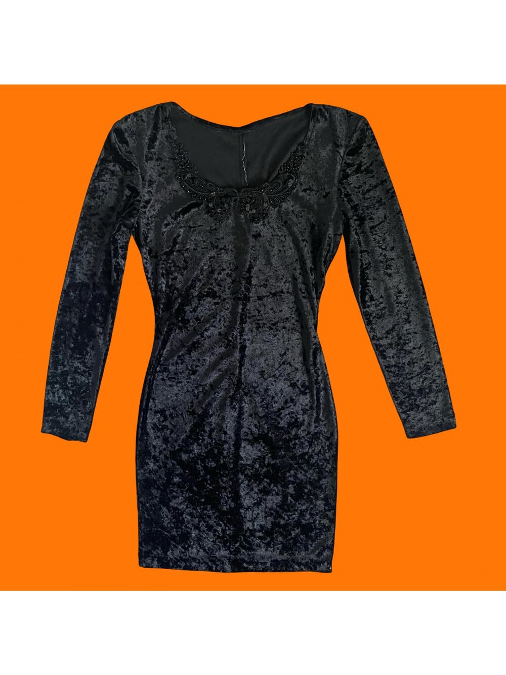 90's vintage black crushed velvet long sleeve bodycon mini dress XS SMALL